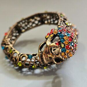 Skull/Snake Statement Coiled Cuff Bracelet Multicolored Rainbow Stones Bronze
